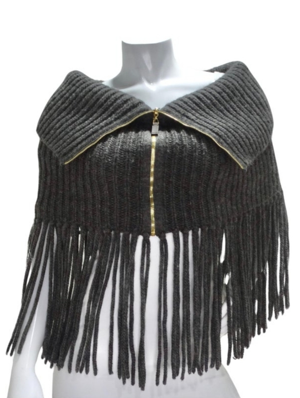 GUCCI ORIGINAL KNITTED PONCHO FRINGE FRONT ZIP OFF SHOULDERS WOOL + ALPACA SMALL - Picture 3 of 17